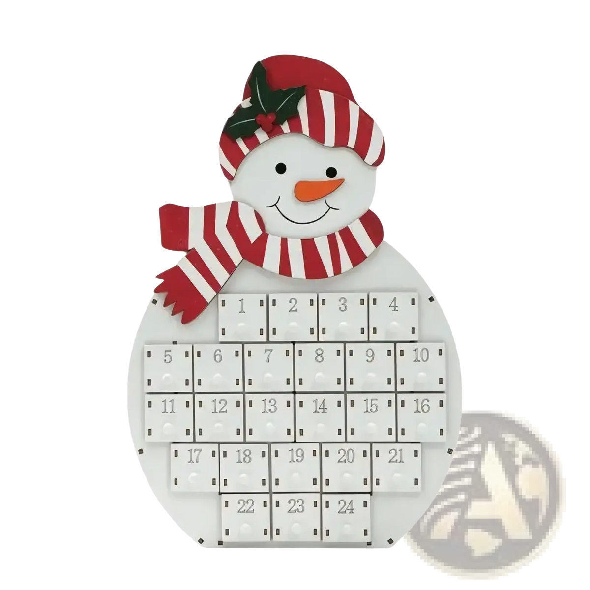 Wooden christmas advent calendar white snowman shape with red striped hat scarf and led numbered drawers