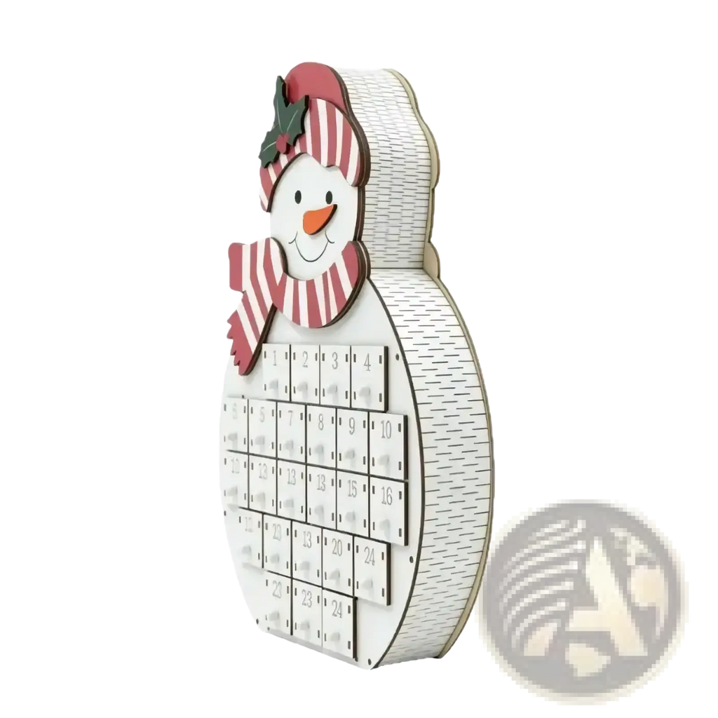 Wooden christmas advent calendar shaped like a white snowman with led drawers and red and white striped hat and scarf