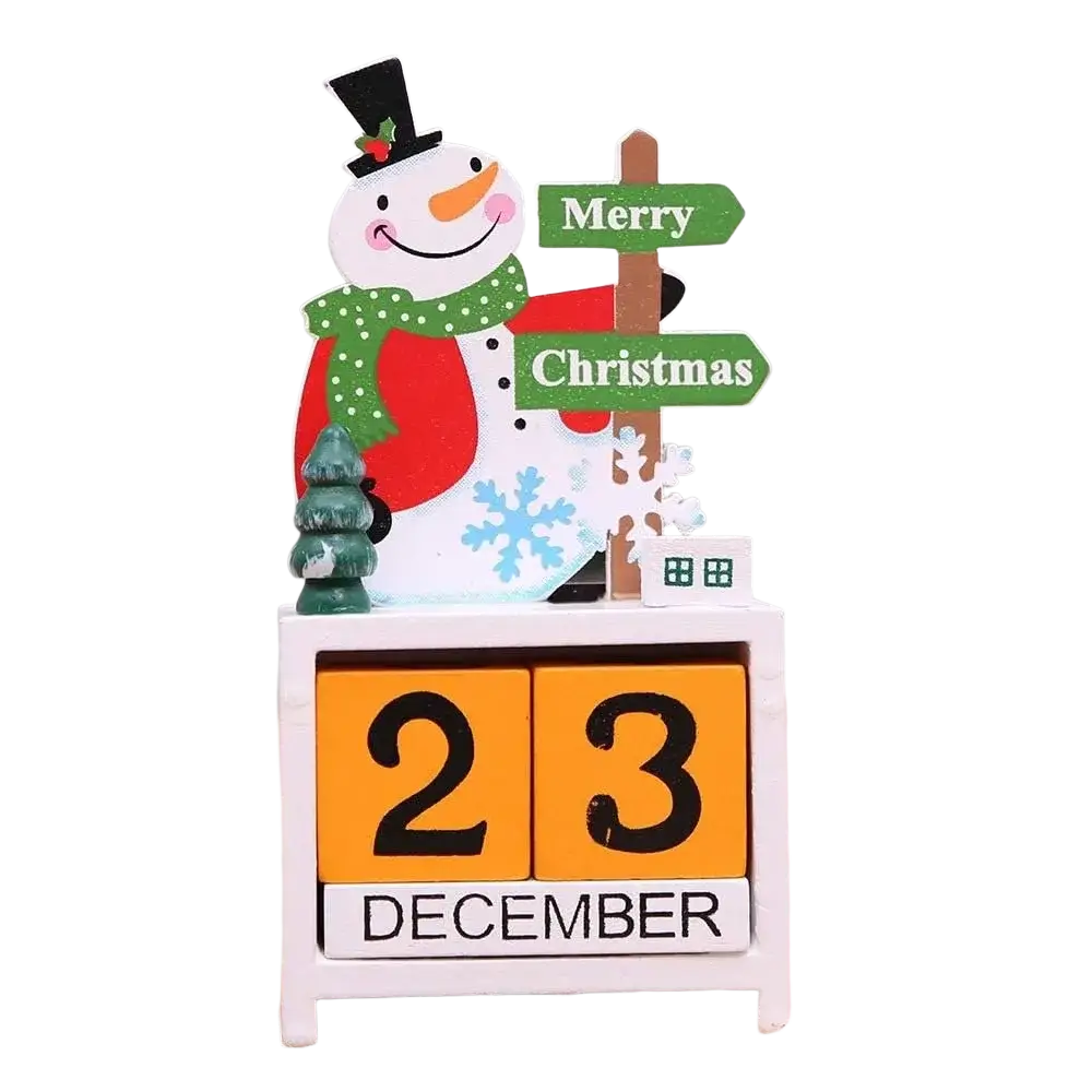 Wooden Christmas countdown calendar blocks featuring a cheerful snowman with a black hat and red coat on December 23