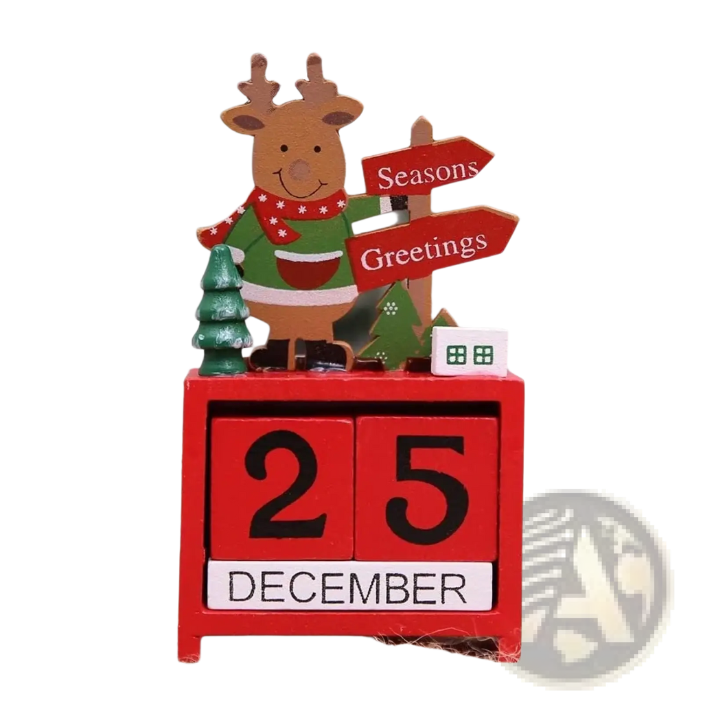 Red wooden Christmas countdown calendar blocks featuring a smiling reindeer figurine with festive decorations