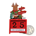 Red wooden Christmas countdown calendar blocks featuring a smiling reindeer figurine with festive decorations