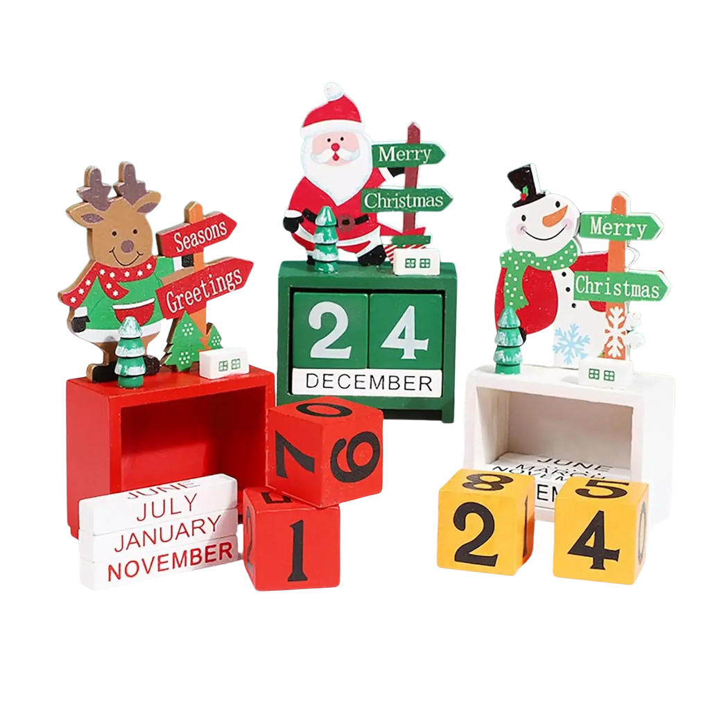 Green wooden Christmas countdown calendar blocks featuring a Santa Claus figure displaying 24 December date