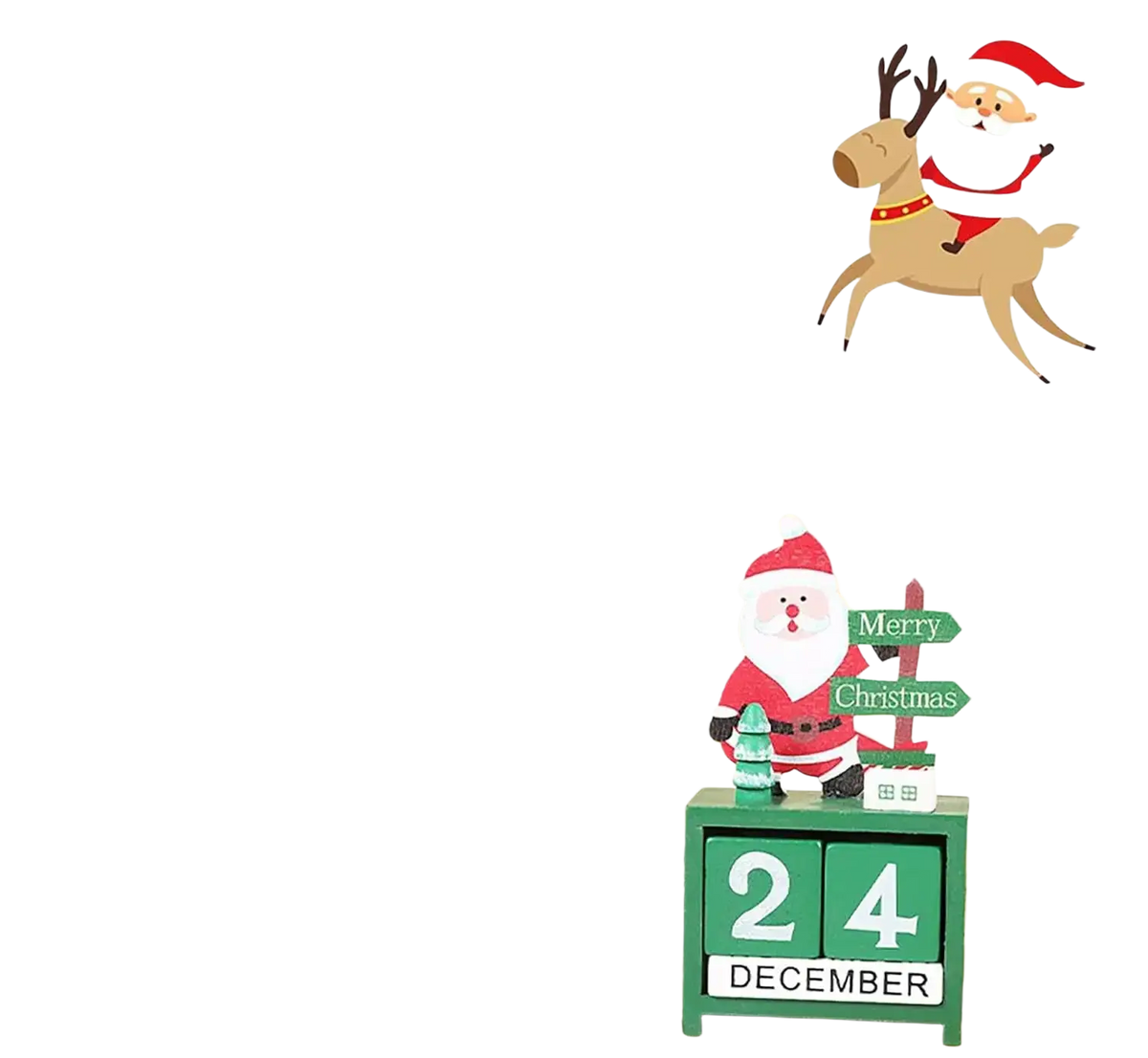 Green wooden Christmas countdown calendar blocks with santa figurine holding merry Christmas sign and date 24 December