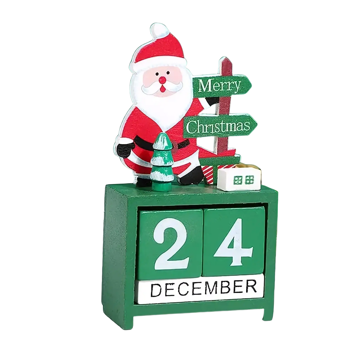 Green wooden christmas countdown calendar blocks featuring a santa claus figurine holding merry christmas signs