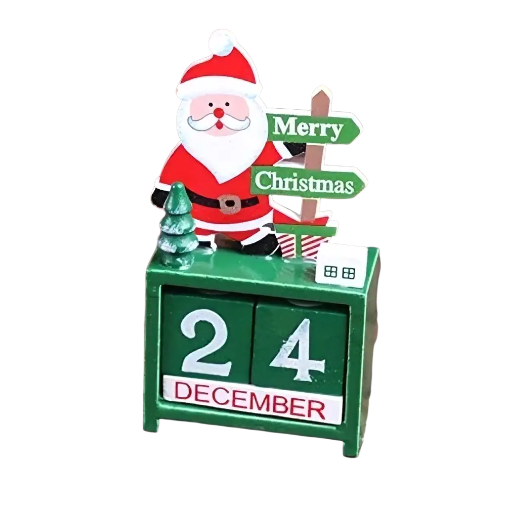 Green plastic wooden christmas countdown calendar blocks featuring santa claus figurine with tree and gift box on date display