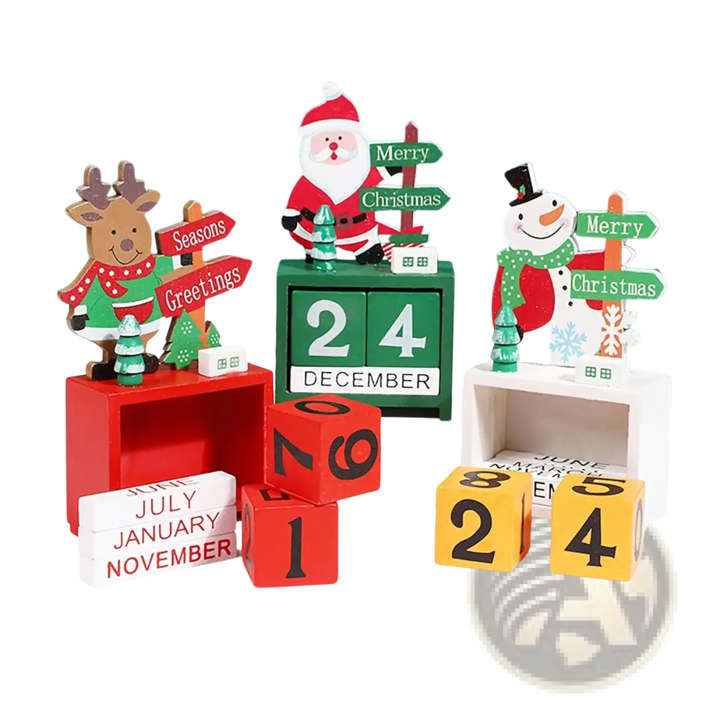 Green wooden Christmas countdown calendar blocks featuring a Santa Claus figure displaying 24 December date