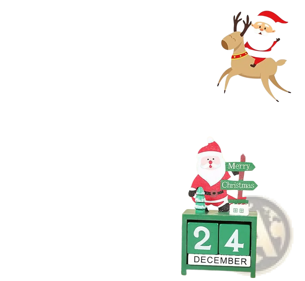 Green wooden Christmas countdown calendar blocks with santa figurine holding merry Christmas sign and date 24 December