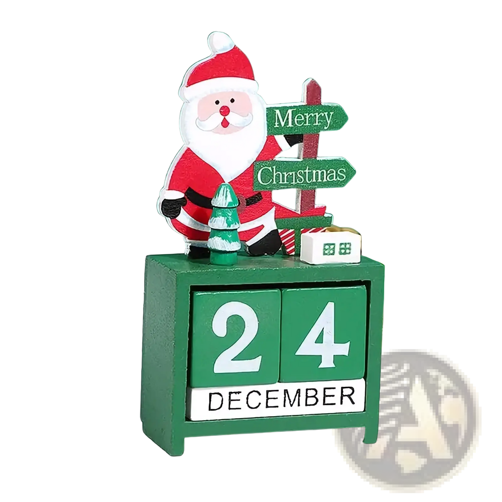 Green wooden christmas countdown calendar blocks featuring a santa claus figurine holding merry christmas signs