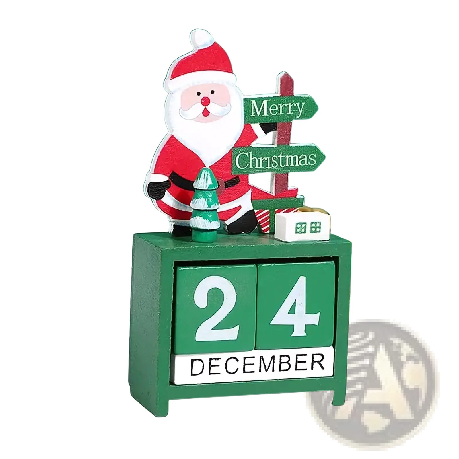 Green wooden christmas countdown calendar blocks featuring a santa claus figurine holding merry christmas signs