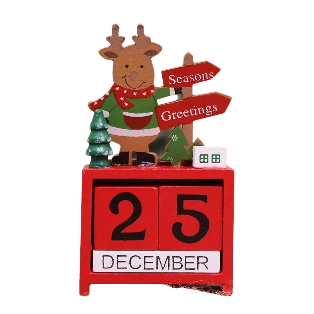 Red wooden Christmas countdown calendar blocks featuring a smiling reindeer figurine with festive decorations