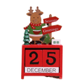Red wooden Christmas countdown calendar blocks featuring a smiling reindeer figurine with festive decorations