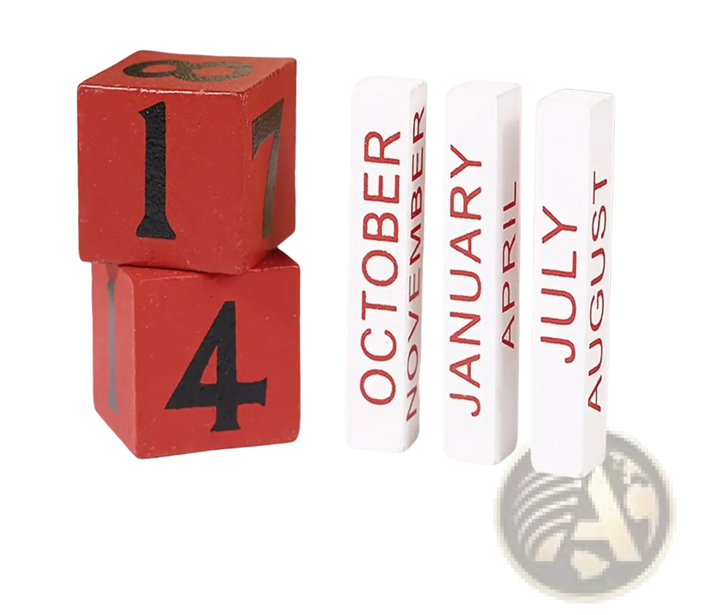 Red wooden cube calendar blocks with black numerals and month labels for wooden Christmas countdown calendar blocks