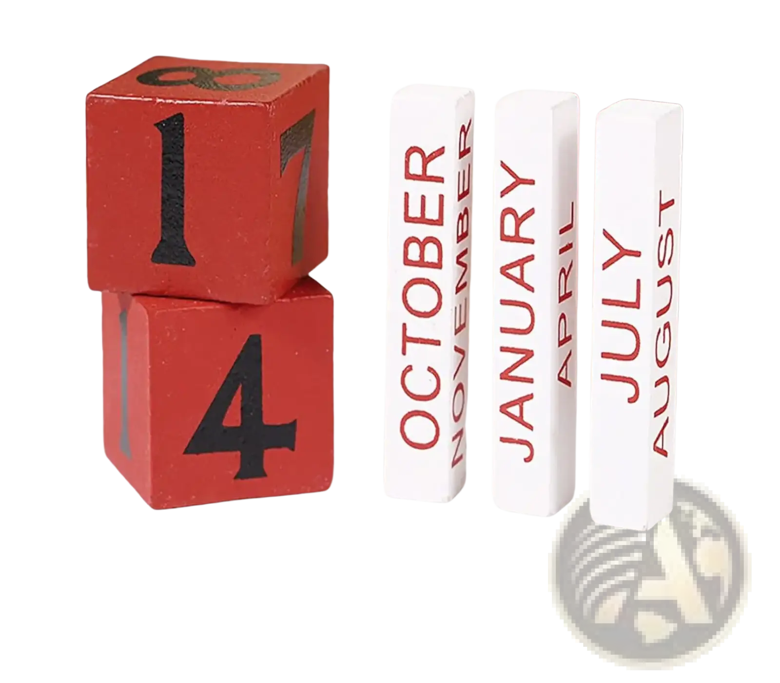 Red wooden cube calendar blocks with black numerals and month labels for wooden Christmas countdown calendar blocks