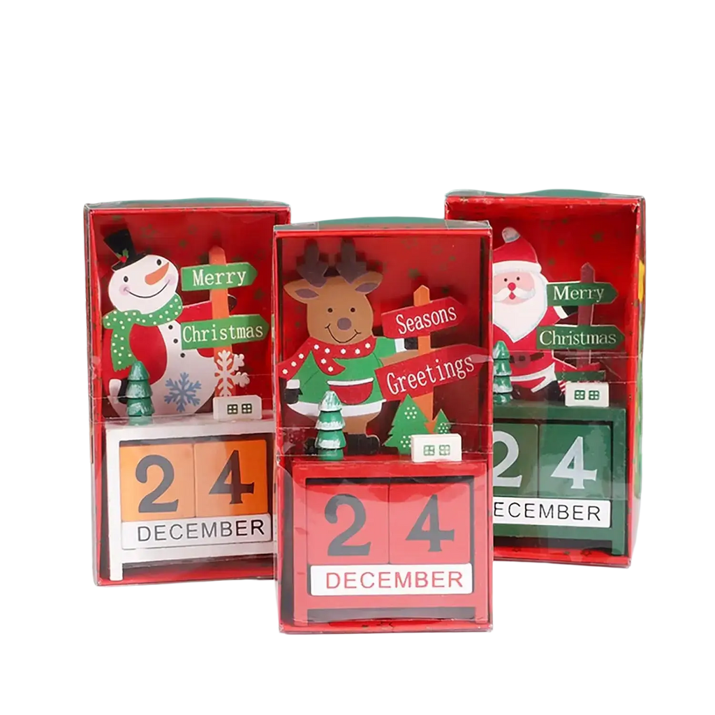 Red wooden christmas countdown calendar block featuring a reindeer design and 24 december date display