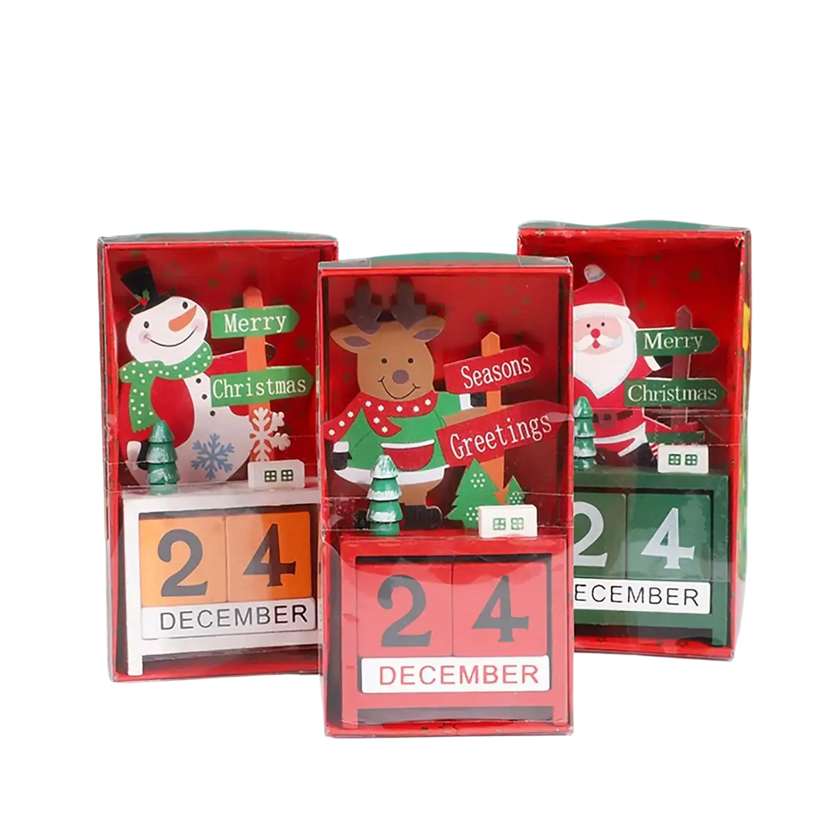 Red wooden christmas countdown calendar block featuring a reindeer design and 24 december date display