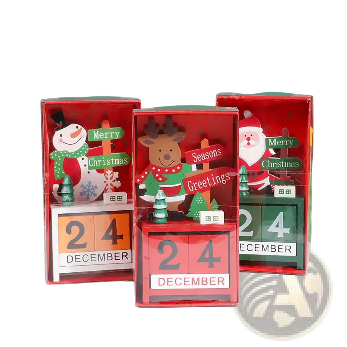 Red wooden christmas countdown calendar block featuring a reindeer design and 24 december date display