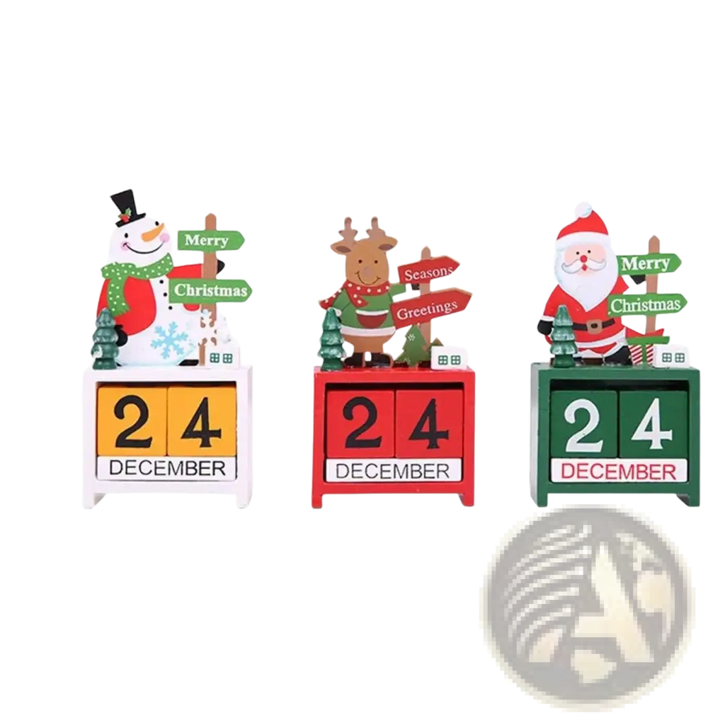 Set of three colorful festive wooden christmas countdown calendar blocks featuring snowman reindeer and santa characters