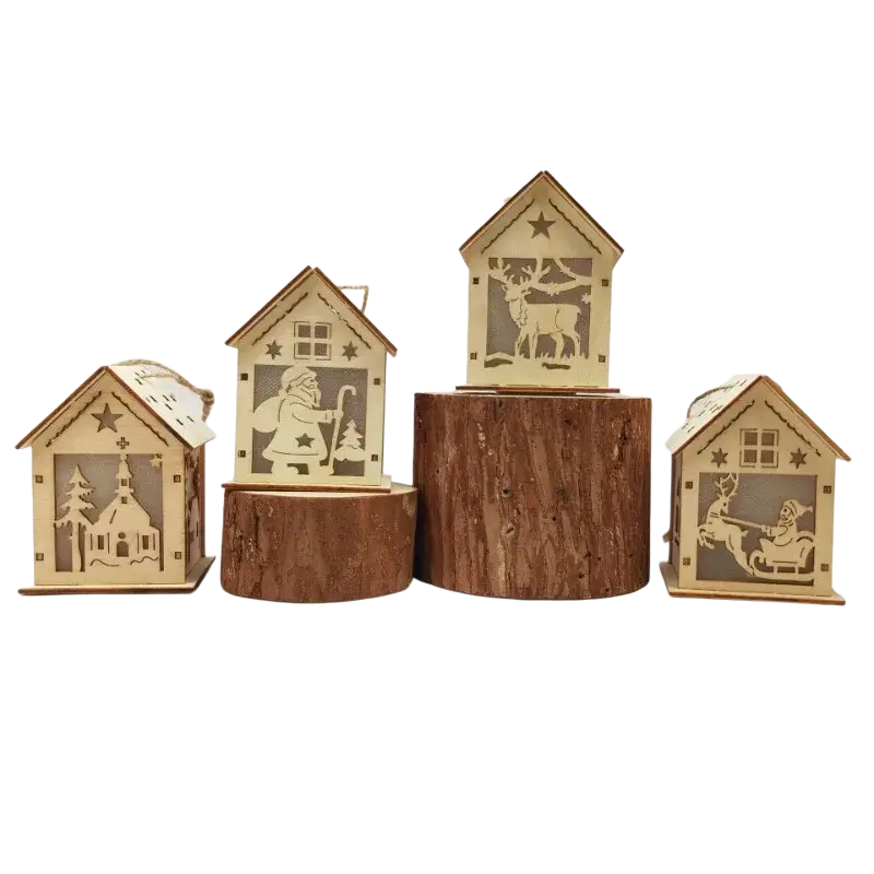 Wooden christmas house led lanterns with laser-cut festive scenes and natural wood finish for holiday decor