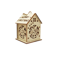 A light-colored wooden christmas house led lantern with laser-cut bells stars and merry christmas on the roof