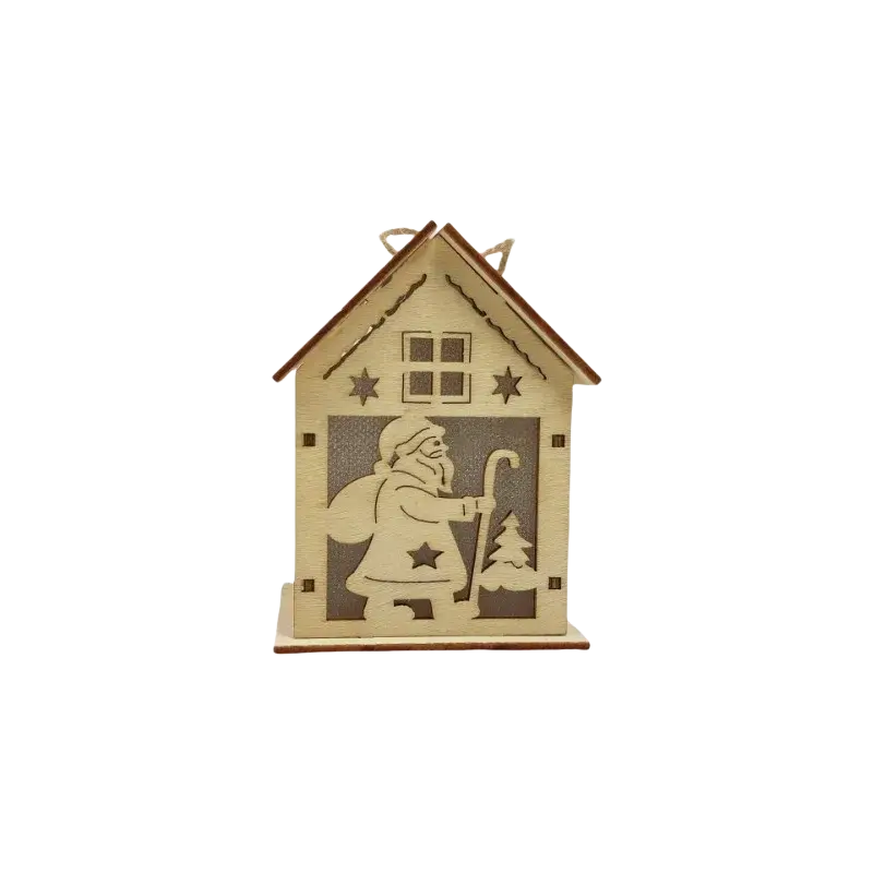 Lighted wooden christmas house led lantern featuring a carved santa claus with star-adorned coat and cane inside window