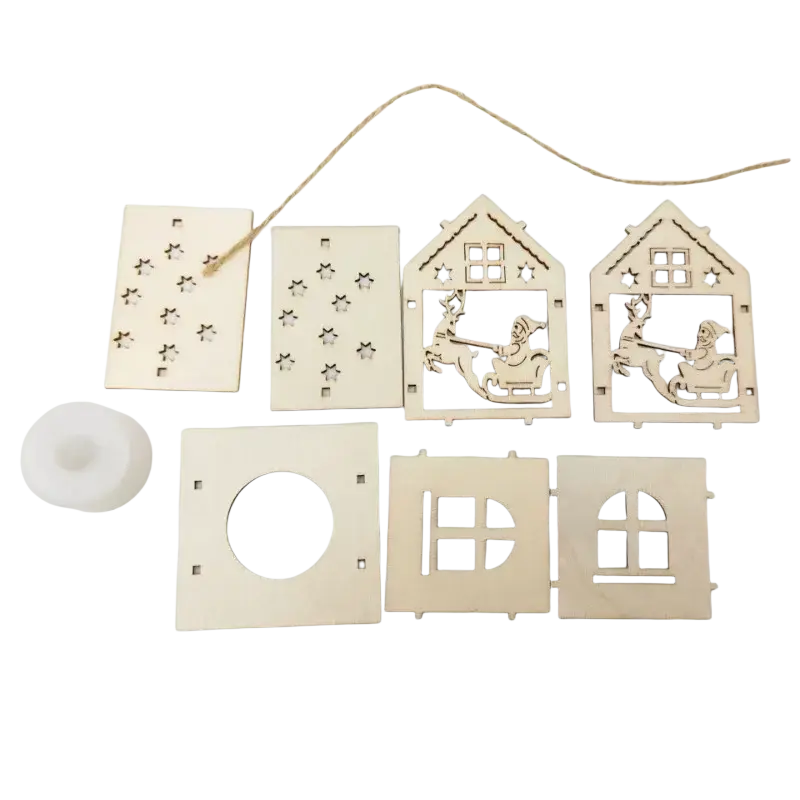Lightweight wooden Christmas house LED lanterns with laser-cut Santa and reindeer sleigh designs and star patterns