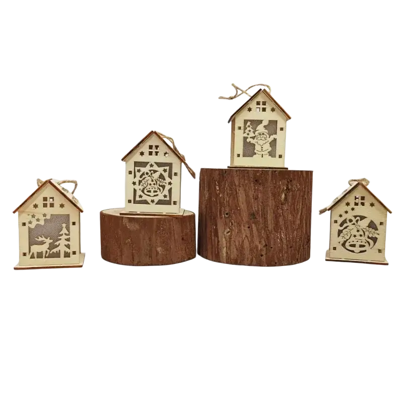 Lightweight wooden christmas house led lanterns with laser cut festive designs and natural twine hangers