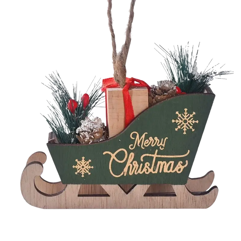 Green wooden christmas sleigh tree hanging ornament with gold merry christmas script filled with pine branches and berries