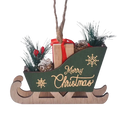 Green wooden christmas sleigh tree hanging ornament with gold merry christmas script filled with pine branches and berries