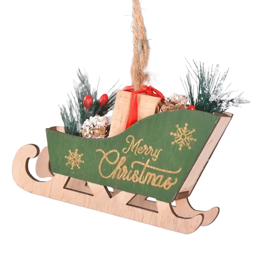 Green wooden christmas sleigh tree hanging ornament with gold snowflake filled with faux pine and red berries