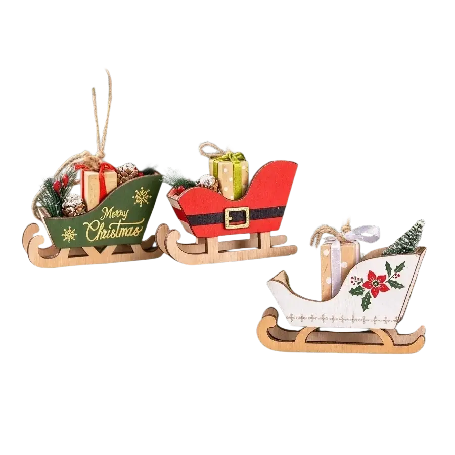 Wooden christmas sleigh tree hanging ornament set with three festive painted sleighs decorated with gifts and holly