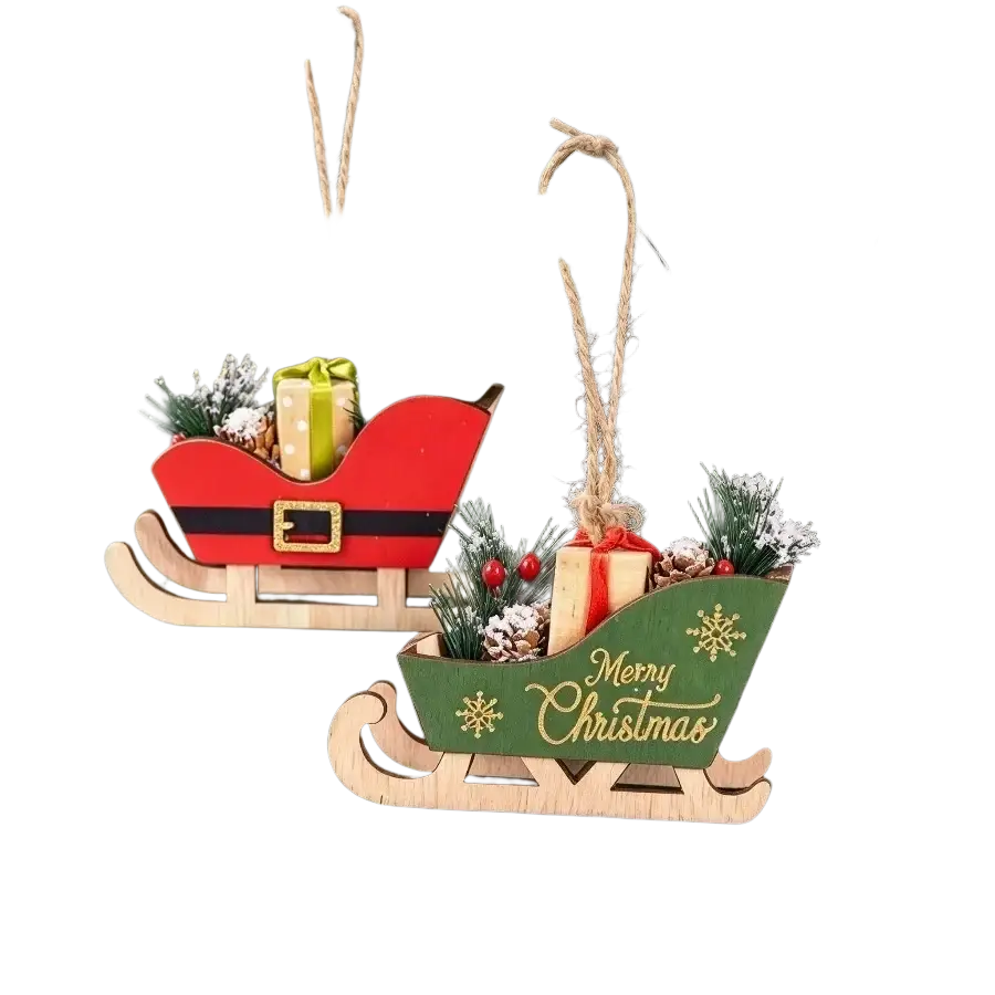 Two wooden christmas sleigh tree hanging ornaments in red and green filled with faux pine needles and berries