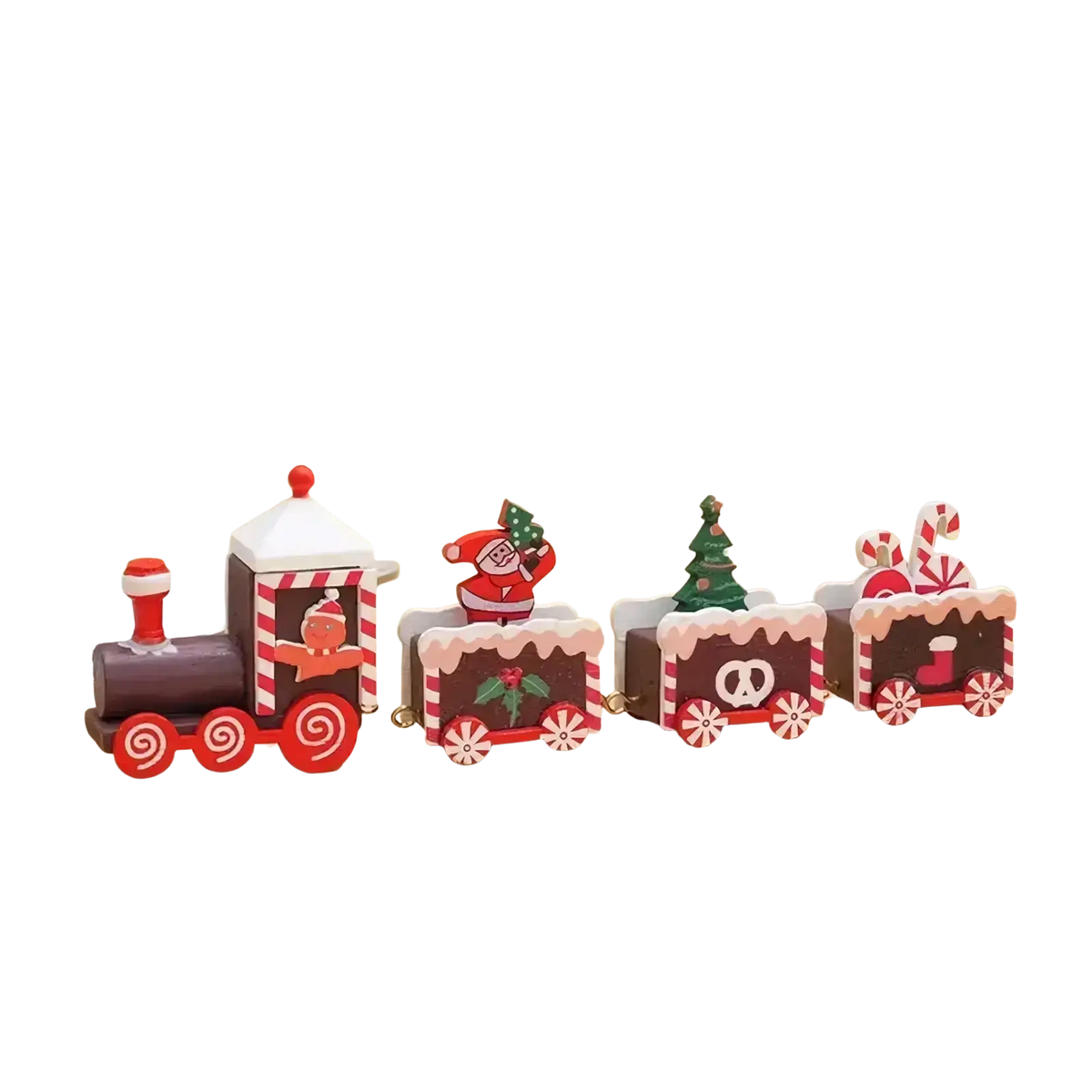 Festive wooden christmas train ornament with red and white candy cane stripes and chocolate brown locomotive