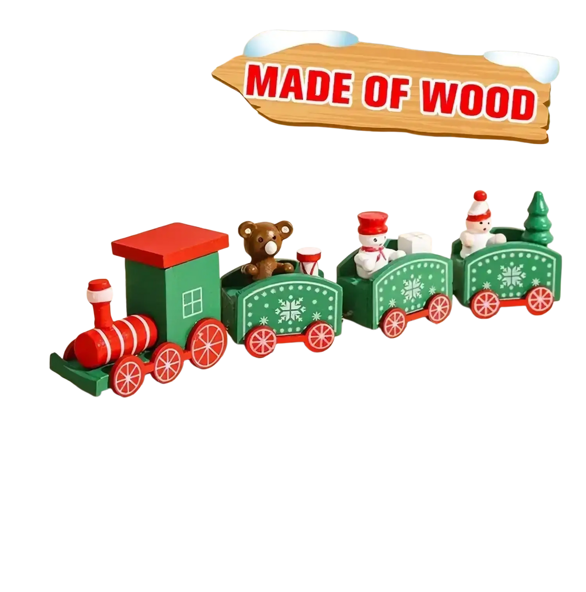 A festive wooden christmas train holiday ornament with green and red locomotive and decorated carriages