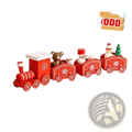 Red wooden toy train holiday ornament with four snowflake decorated carriages featuring miniature festive figures