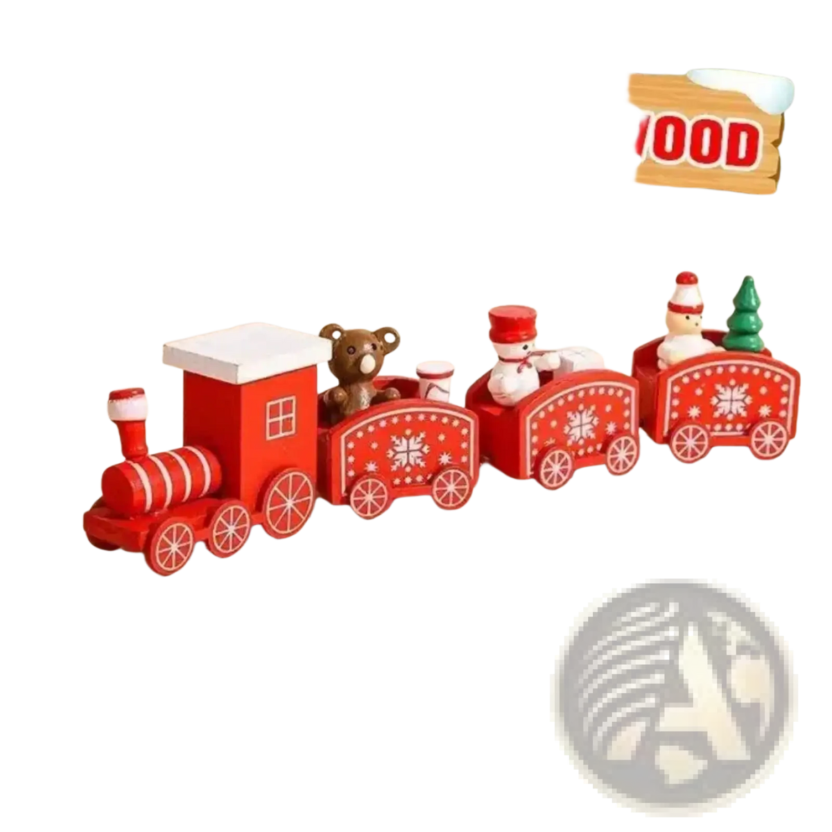 Red wooden toy train holiday ornament with four snowflake decorated carriages featuring miniature festive figures
