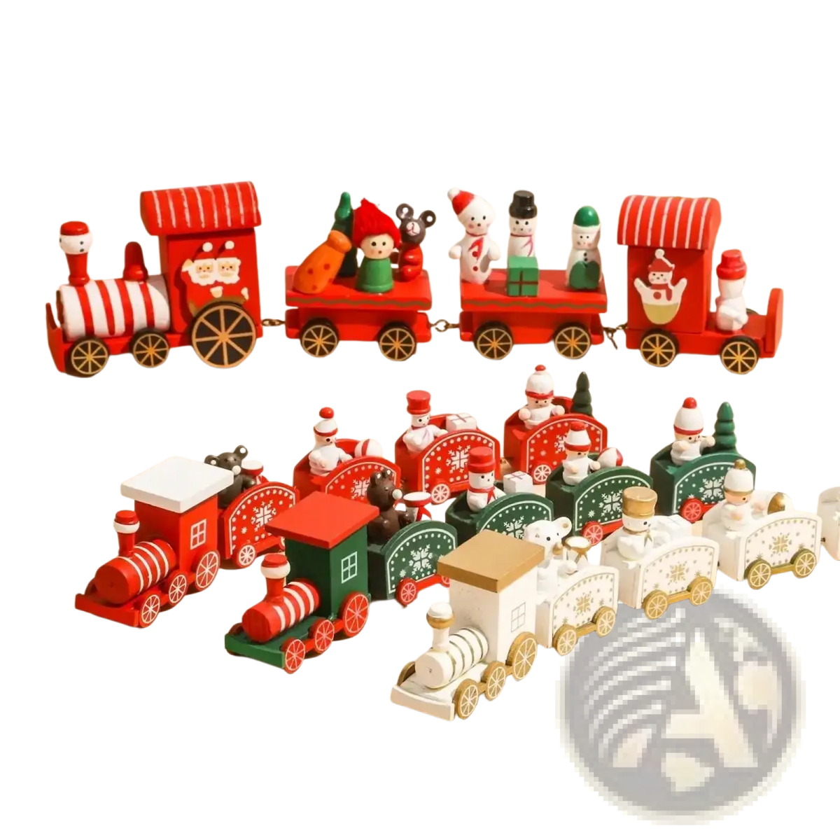 Wooden christmas train holiday ornament in red and green with painted details and miniature snowmen on each car
