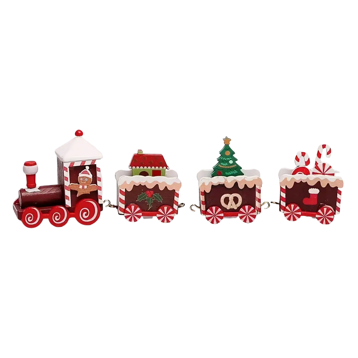 Wooden christmas train holiday ornament featuring red and white candy cane wheels gingerbread conductor and festive carriages