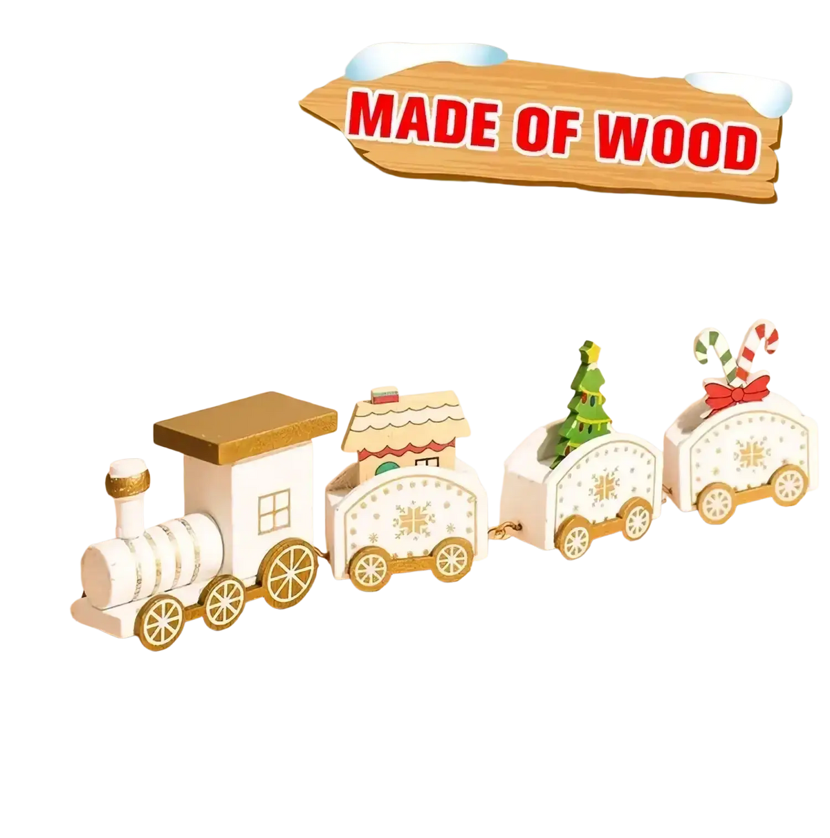 White and gold wooden christmas train set with decorative carriages featuring gingerbread house tree and candy cane accents