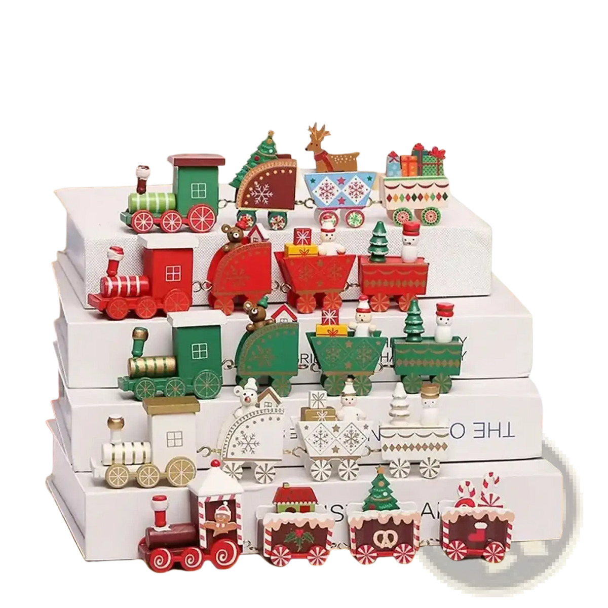 Wooden Christmas train holiday table decoration featuring colorful intricate designs in red green and white wood
