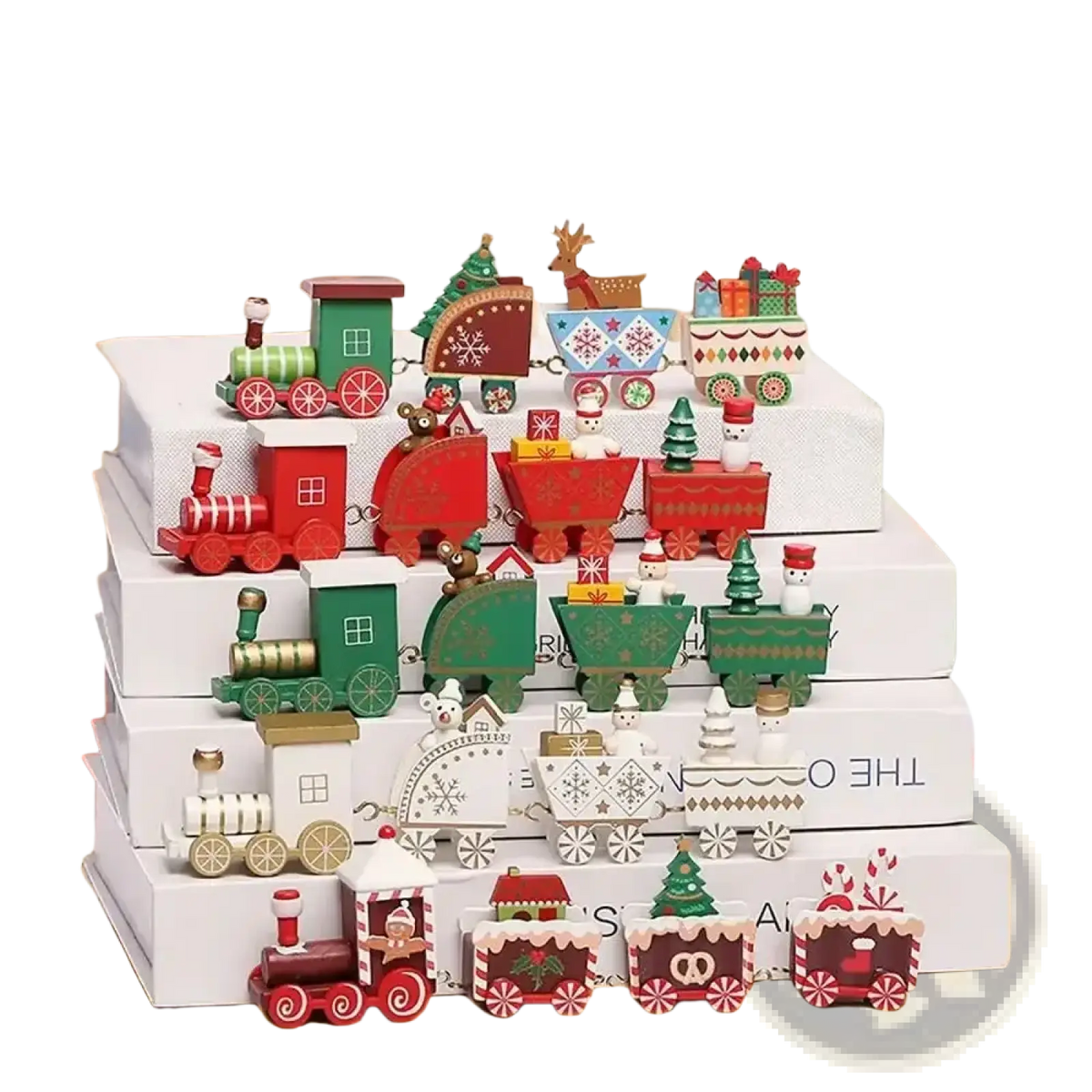 A collection of colorful wooden Christmas train holiday table decorations with intricate painted festive carriages
