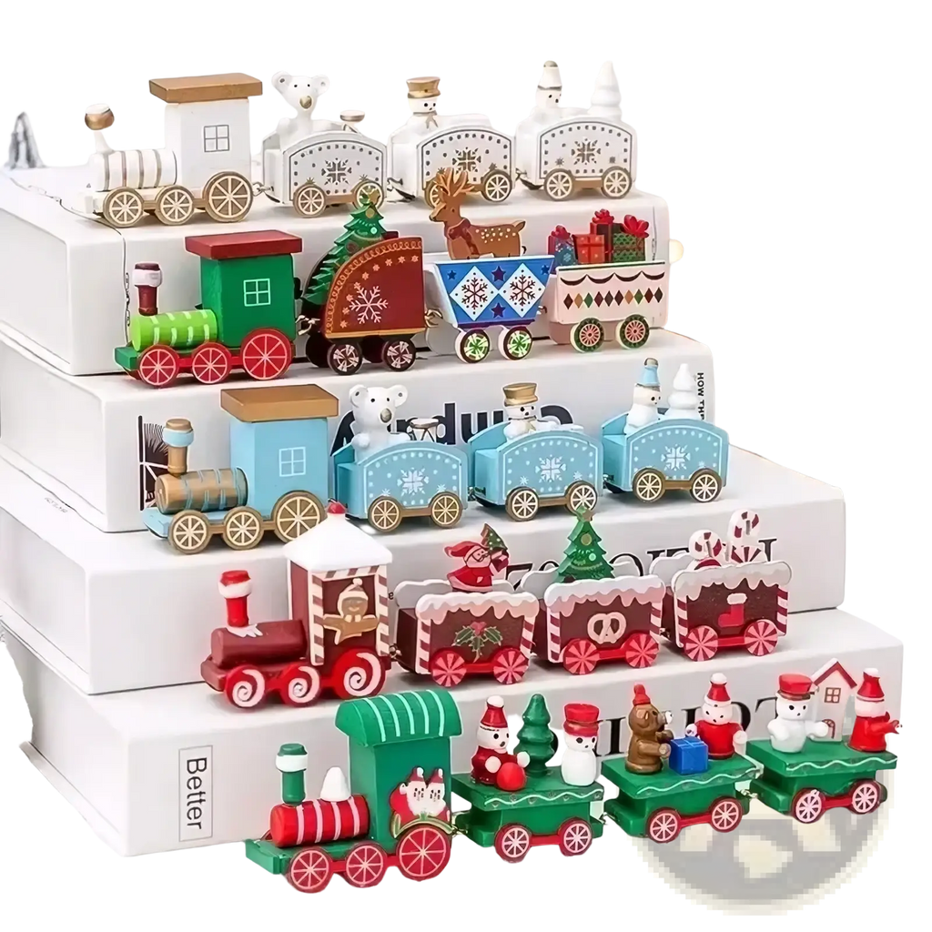 A collection of colorful miniature wooden christmas train sets with festive painted details for holiday decoration