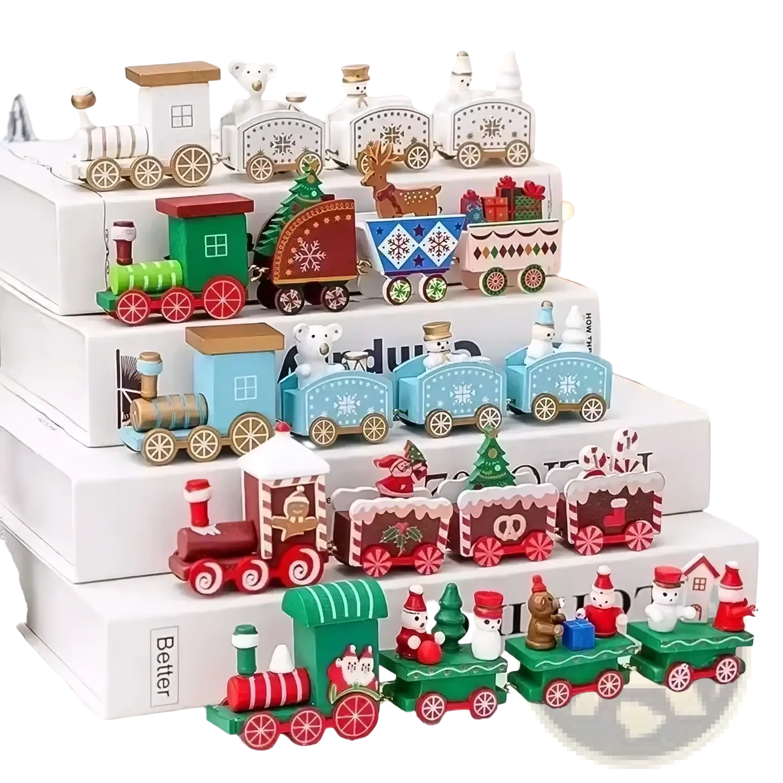 A collection of colorful miniature wooden christmas train sets with festive painted details for holiday decoration