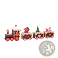 A festive wooden christmas train holiday table decoration with red and white candy cane stripes and santa claus figure
