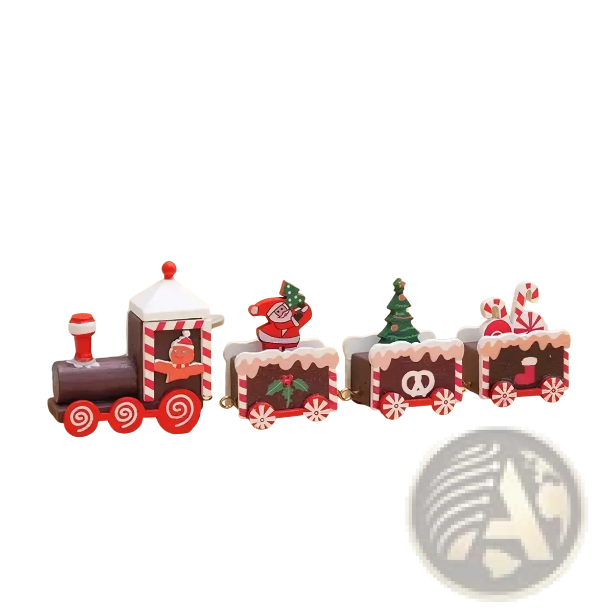 A festive wooden christmas train holiday table decoration with red and white candy cane stripes and santa claus figure