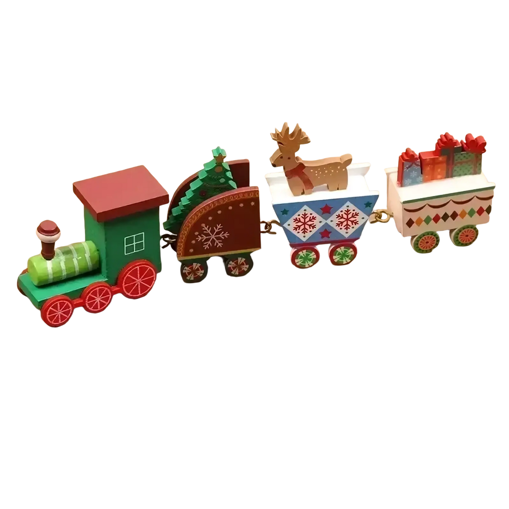 Wooden christmas train holiday table decoration with green engine red wheels red roof and festive snowflake reindeer carriages