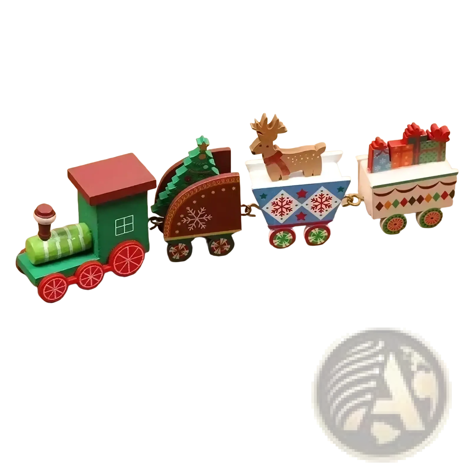 Wooden christmas train holiday table decoration with green engine red wheels red roof and festive snowflake reindeer carriages