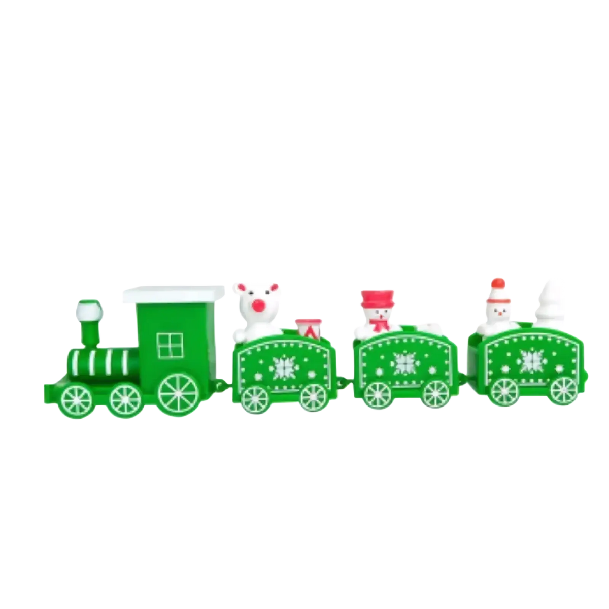 Wooden green plastic Christmas train with white snowflakes and miniature reindeer snowmen tree holiday decoration