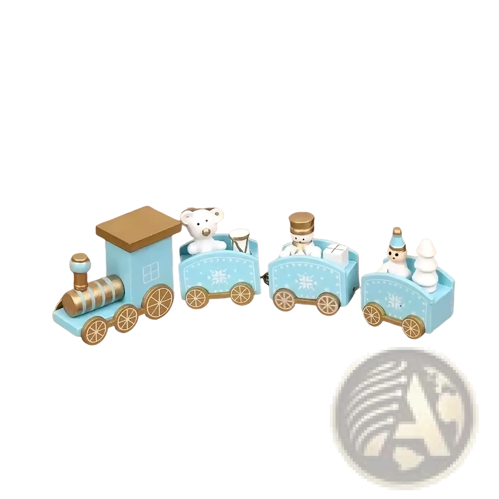 Wooden christmas train holiday table decoration featuring a light blue and gold miniature train with festive characters