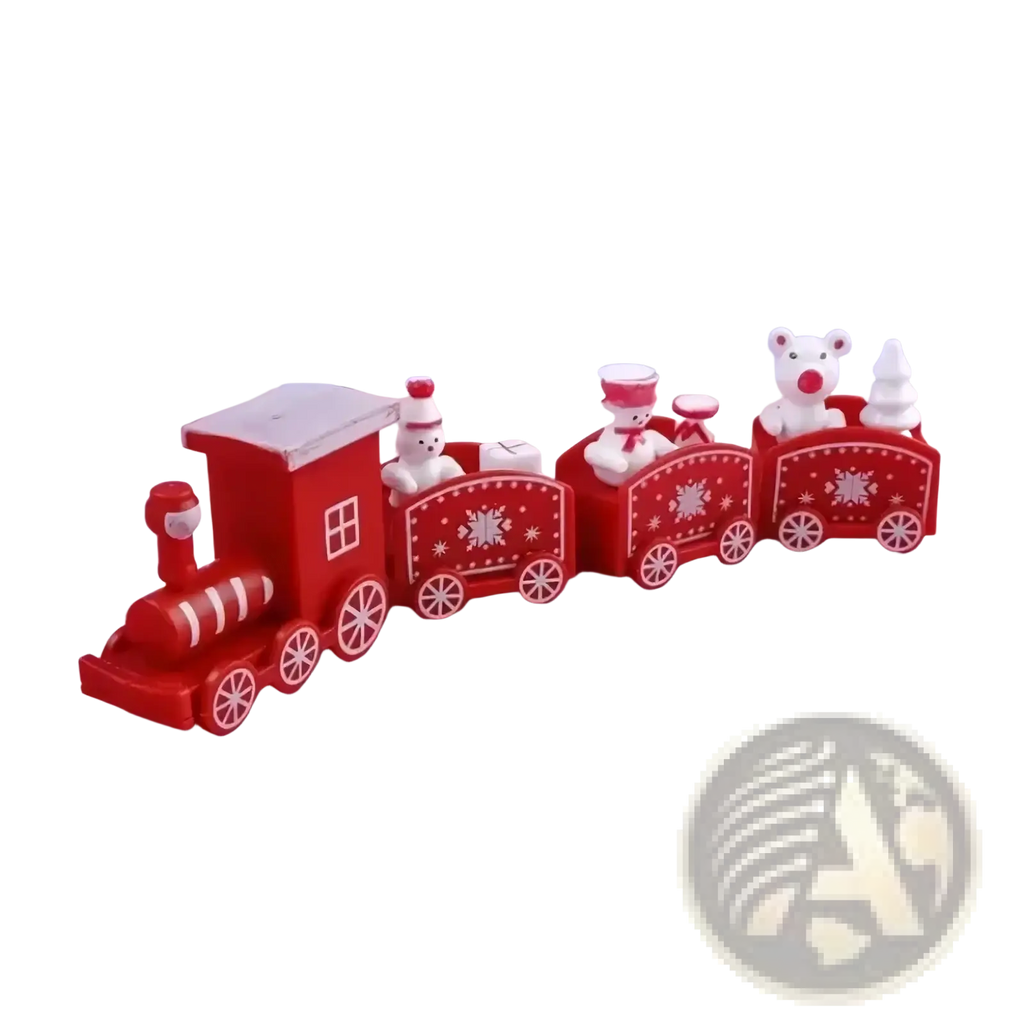 Red plastic wooden Christmas train with white snowflake decals and miniature bear figures for holiday decoration