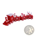 Red plastic wooden Christmas train with white snowflake decals and miniature bear figures for holiday decoration